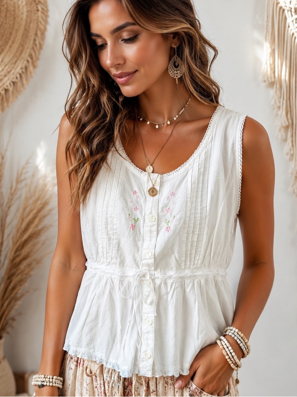 Laura Ashley White Boxy Buttoned Tank Top With Flower Detail and Satin Tie Sz L